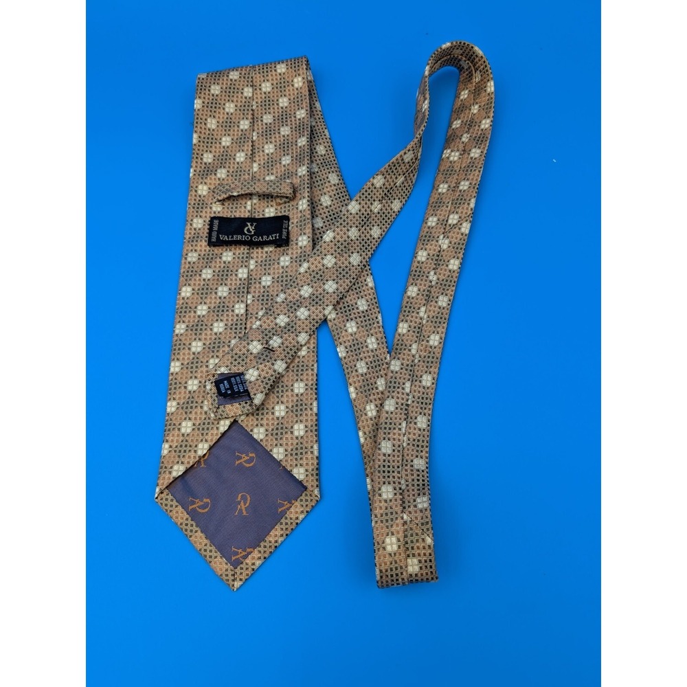 Valerio Garati Handmade 100% Silk Tie Geometric Brown Beige Pattern Classic Neck